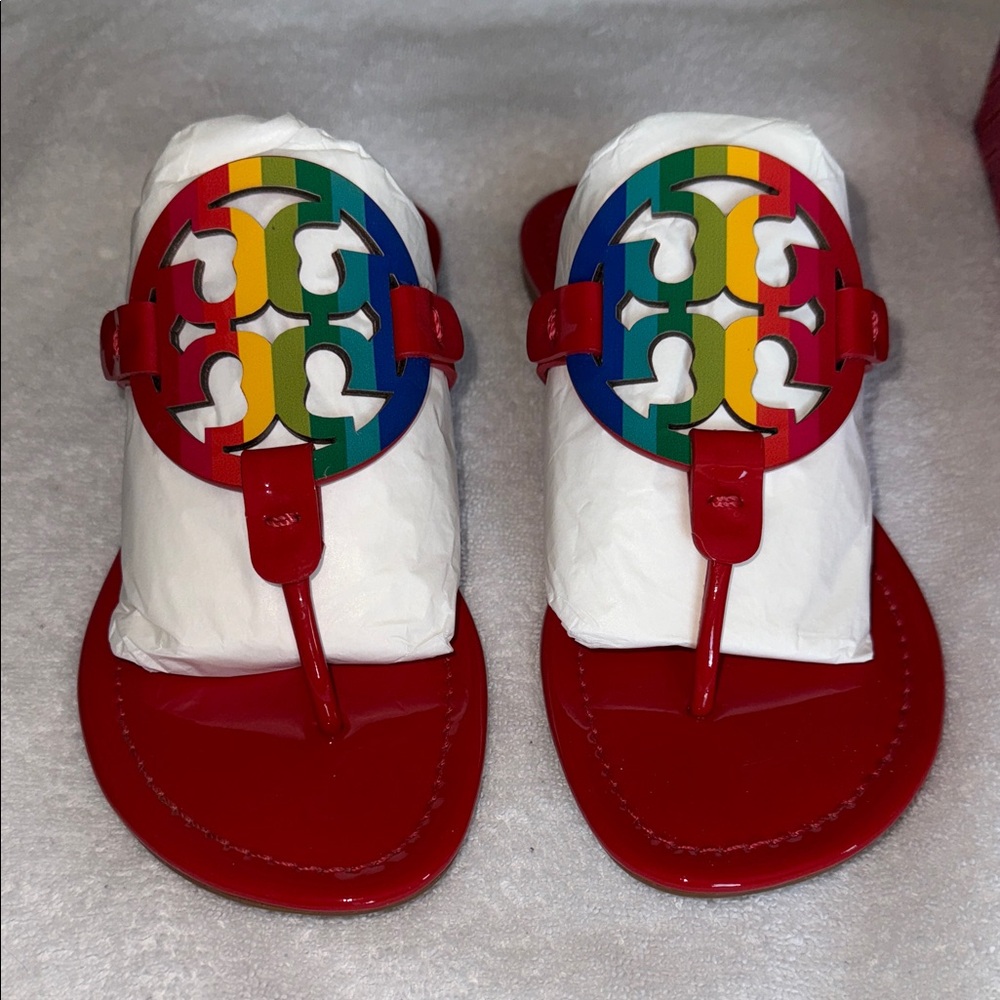 Tory Burch Bright Rainbow/Ruby Red Patent Leather Miller Sandal
